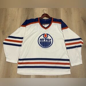 Vintage CCM Oilers White and Blue Hockey Jersey
